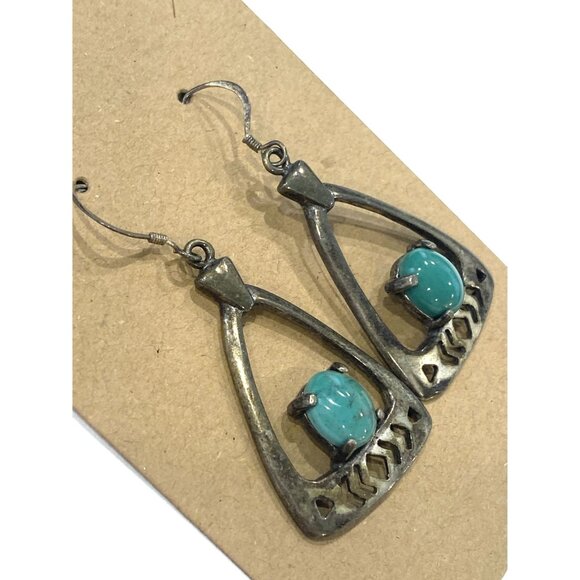 Sterling Silver Variscite Native Style Handmade Dangle Pierced Earrings - Picture 2 of 10